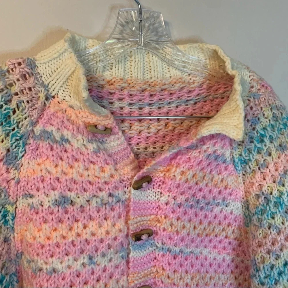 Handmade  Pink Blue Crocheted Oversized Button Front Cardigan XL - Picture 12 of 14